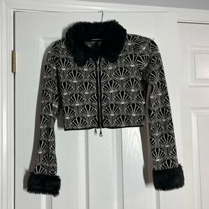 Urban Outfitters cropped faux fur trimmed jacket, black and white design size M